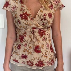 Floral Wrap Top - Red and Cream